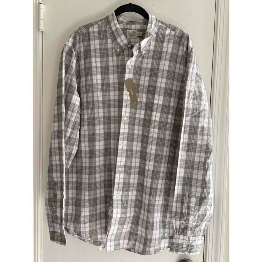J. Crew Men's White and Gray Plaid Button-Down Shirt Size L